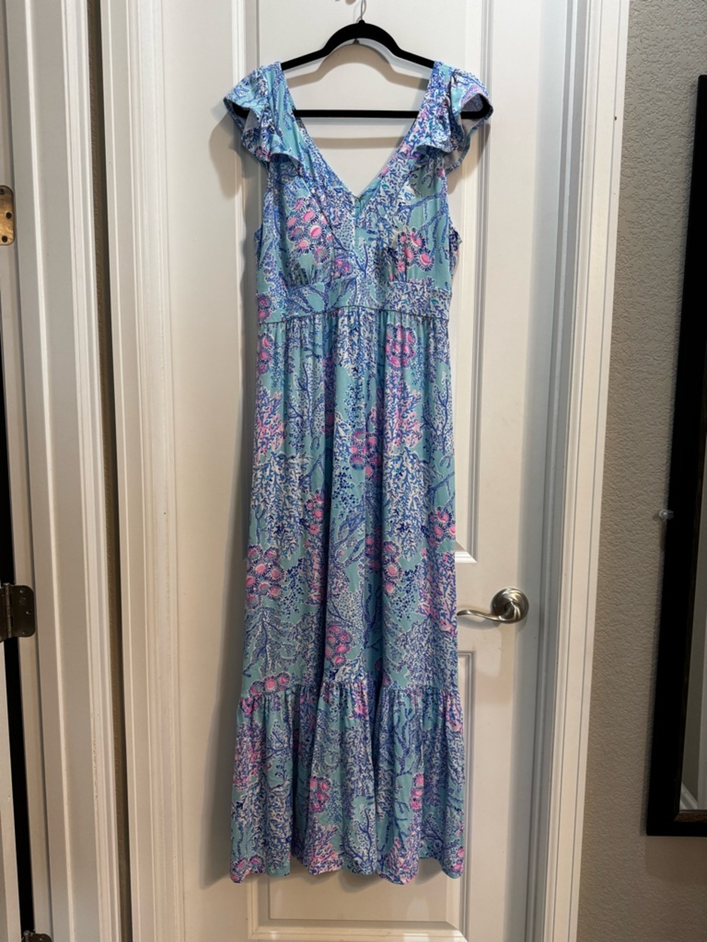 Lilly Pulitzer Blue Floral Sleeveless Maxi Dress Sz 12 Ruffles Vneck Tiered - Picture 3 of 7